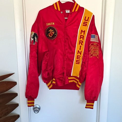 Soffe US Marines Red Satin Bomber Jacket Snap Front L 42-44 Embroidered Lined - product listing photo
