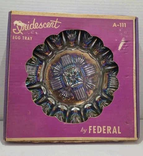 VTG Egg Relish Tray Clear Carnival Glass Iridescent FEDERAL GLASS In Box 10.75"
