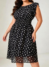 Quiz Black & White Polka Dot Midi Dress — UK 10 — Smocked Round Neck Cap Sleeve