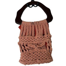 Vintage 70s Macrame Handbag Carved Handle Boho Crochet Purse Tote