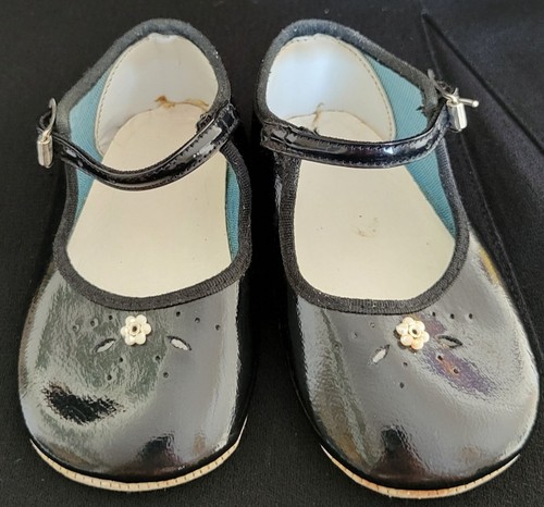 Vintage Baby Girl Black Mary Jane Buckle Shoes Leather Size 3 = 4½x2" Cleaned
