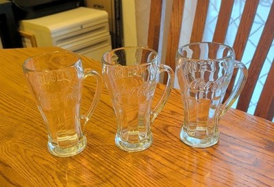 3-LOT Vintage Coke Coca Cola  Soda Clear Libby Glasses / Mugs with Handles