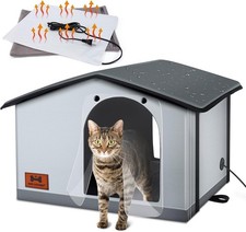 Insulated Heated Cat House Outdoor/Indoor Weatherproof Shelter w/Heated Pad for