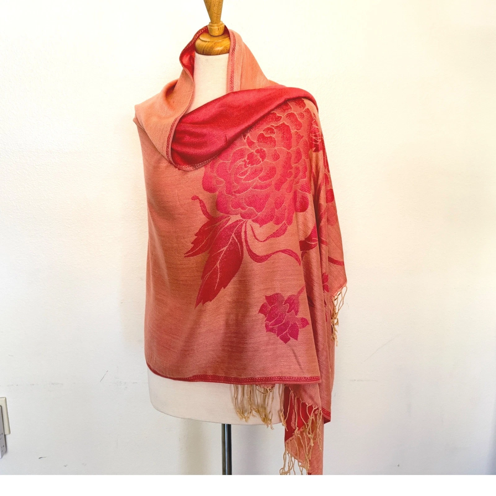 Pink Coral Floral Pashmina Shawl Reversible Peony Jacquard Fringe Wrap Scarf