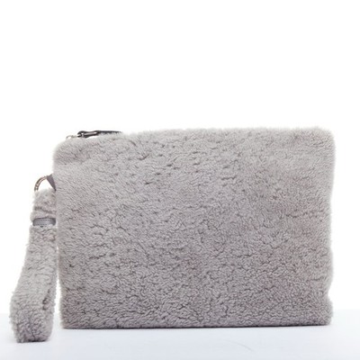 ERMENEGILDO ZEGNA grey lambskin shearling wrist strap zip clutch bag