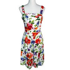 ADRIANNA PAPELL Women's 6 White Colorful Floral Sleeveless Midi Dress Pockets