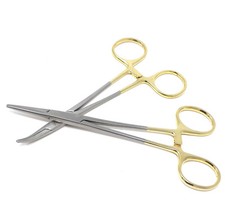 Pet Groomer Ear Care Hemostat Locking Forceps Straight  Curved 5.5" Gold Handle