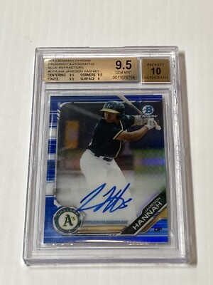 Oakland A’s 2019 BOWMAN CHROME JAMESON HANNAH Blue AUTO REFRACTOR /150 BGS 9.5