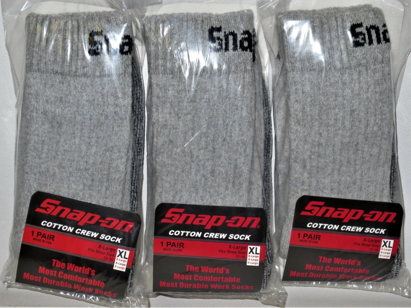 3 PAIRS Men's GRAY Snap-On Crew Socks X-LARGE *FREE SHIPPING* MADE IN USA *NEW*