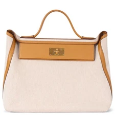 70433 auth HERMES Sesame Swift leather & Toile Viking canvas 24/24-35 Bag