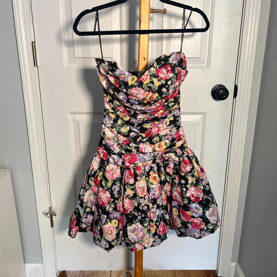 Vestido vintage años 80 sin tirantes fruncido patrón floral cremallera trasera para mujer talla M Foto 2 de 4