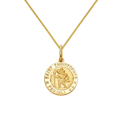 Genuine 14k Yellow Gold 0.59'' St. Christopher Round Medallion Necklace 16'' - 22''