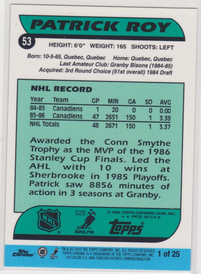 2002-03 Topps Chrome Patrick Roy Reprints Insert Card #1 Licensed Rookie Reprint - Image 2 of 2