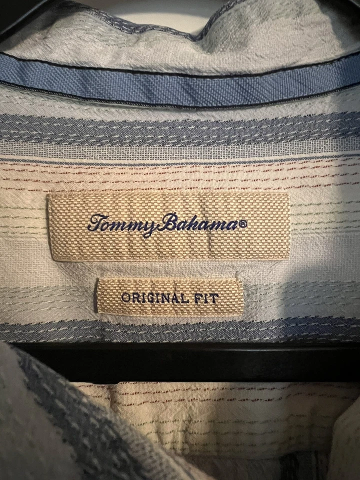 Tommy Bahama XL Silk Button Up Shirt Blue Striped Short Sleeve XL Original Fit - Image 3 of 4