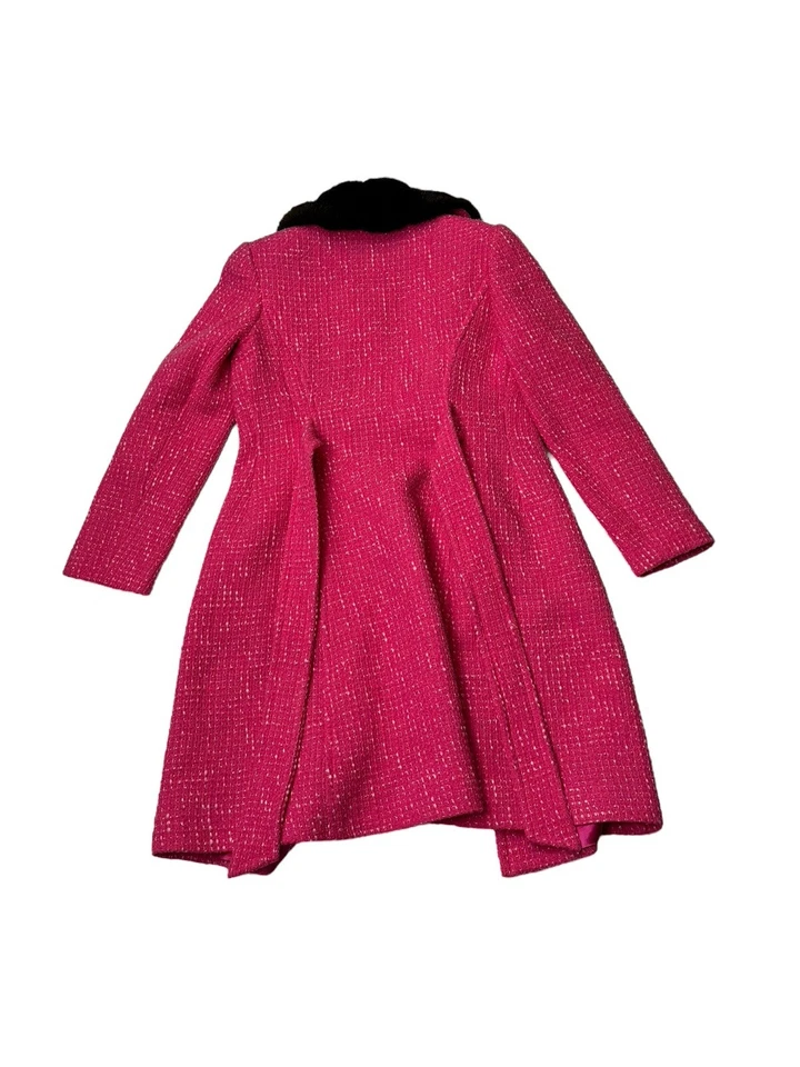 Vintage Trina Turk Tweed Wool Blend Pink Coat W/Faux Fur Collar Tie Waist Sz 2 - Image 3 of 4