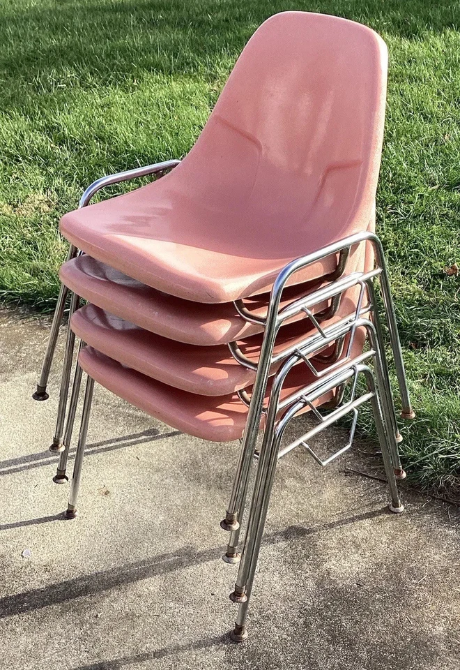 Juego 4 MCM Fibra de Vidrio Carcasa Apilable Silla Banco Rosa Coral Foto 2 de 4