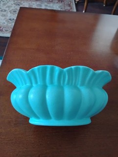 haeger pottery planter satin turquoise melon ribbed console style 1950's 1960's