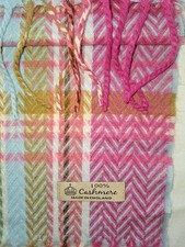 100 Cashmere Scarf Made in England Plaid Fringe Pink Blue