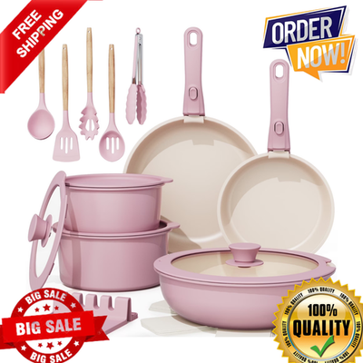 #ad #ad Astercook 20 Piece Ceramic Pots and Pans Set Nonstick Cookware Set Pink $39.99