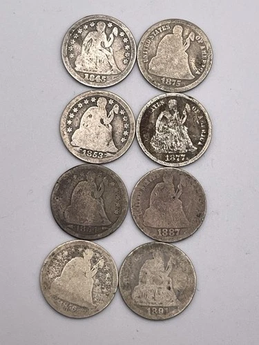 Lot of (8) Seated Liberty Dimes 1845-53-54-56-75-76-87-91 VG LOT S1