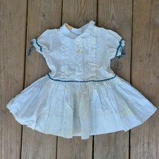 Vtg 17" Handcraft Frock White w/Blue Polka Dot Cotton Baby Toddler Doll Dress