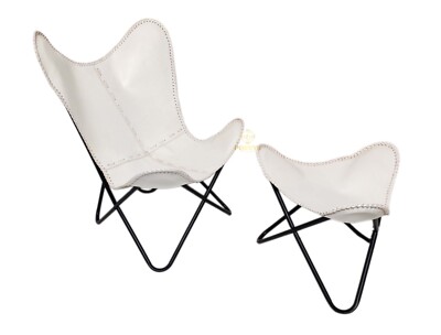 White Leather Iron Openable Chair & Footstool - Handmade Butterfly Chair 