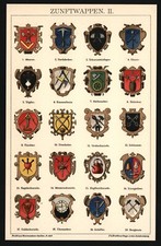 Lithographie anno 1896 - Zunftzeichen Dachdecker Tischler Schmied Uhrmacher