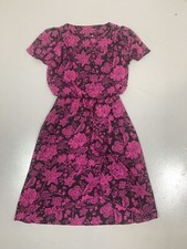 Vintage Secretary Retro 7/8 Black Pink Floral Blouson Sleeve Faux Wrap Dress