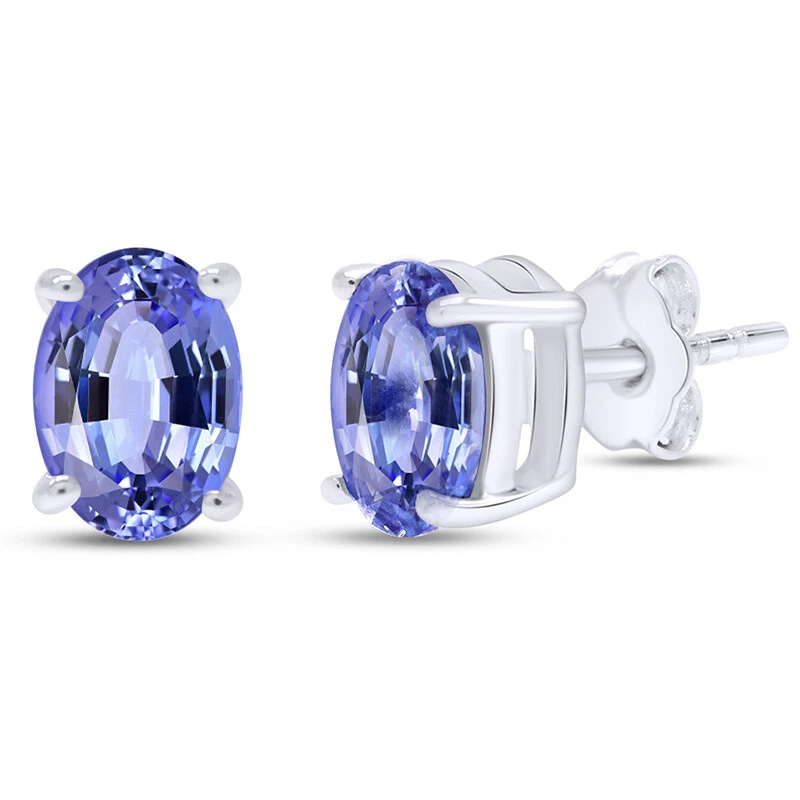 Aretes Solitarios Ovalados Simulados Tanzanita Chapados en Oro Blanco 14K Plata Foto 2 de 4