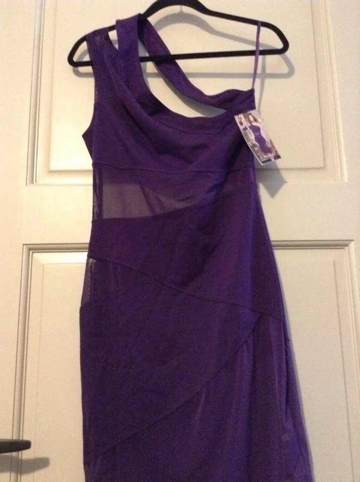 Женщин новый сетки панели резинке платье фиолетовый сексуальный одно плечо большой L/M - Изображение 2 из 4