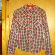 Vintage 1970s Girls Plaid Button Shirt Long Sleeves Red Tan Blue Sears Girls 14