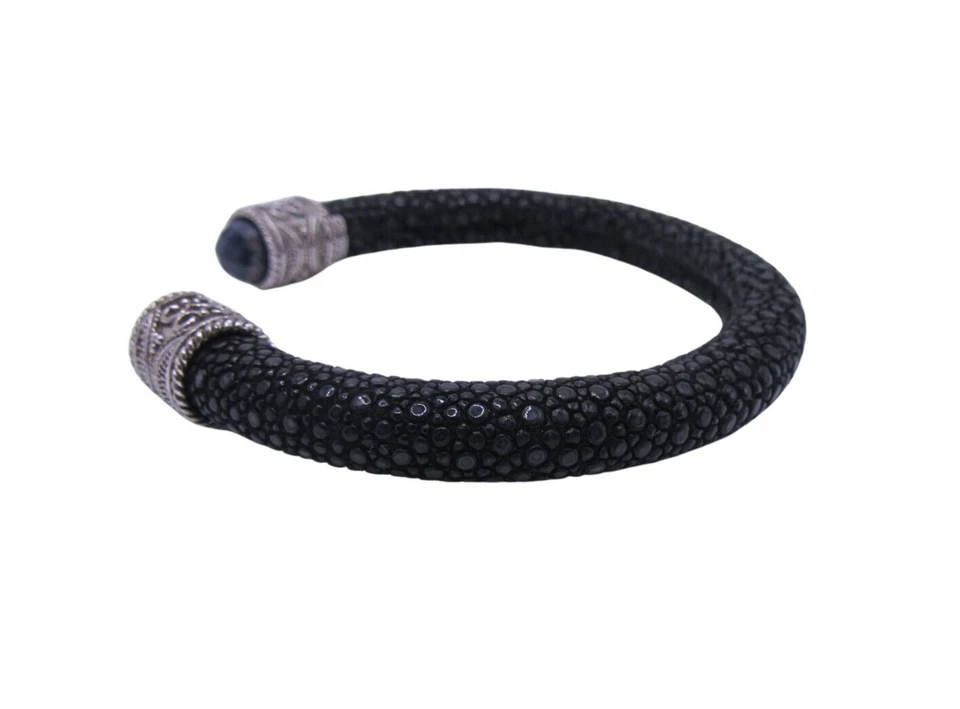 纯银蓝宝石鹅卵石皮革手镯袖口 — 第 2/4 张图片