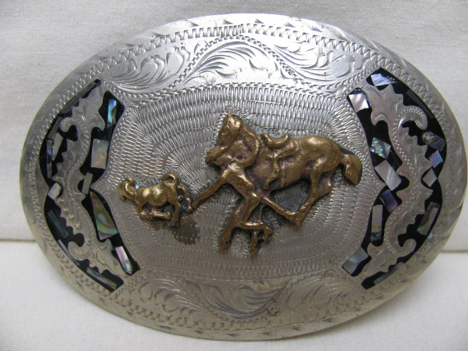 Vintage Mexico Brass Abalone Alpaca Cowboy Roping Calf Rodeo Belt Buckle