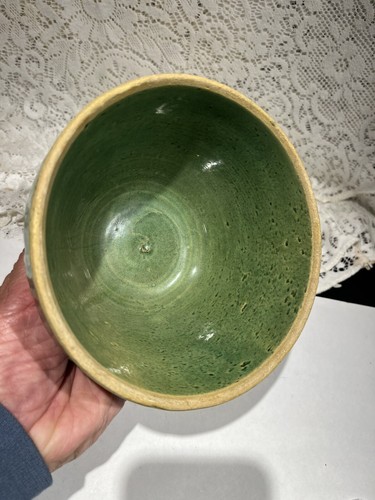 Antique McCoy Stoneware 6.5” Green Glaze Bowl w/ Hex Bottom - Picture 13 of 13