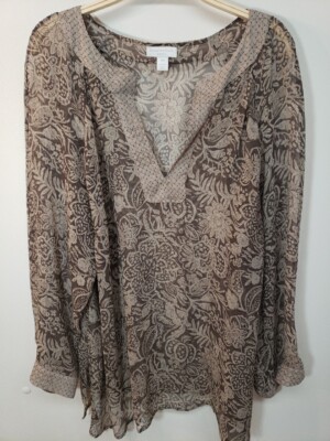 Charter Club Women's 100% Silk Brown Floral Semi Sheer Tunic Blouse Size 16W...