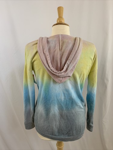 THEO & SPENCE Women’s Rainbow Tie-Dye Hoodie Size XS V-Neck Drawstring Pullover - Picture 4 of 9