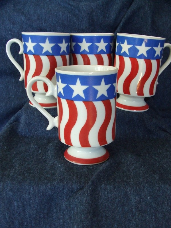 4 Porcelain Royal Crown "Old Glory" Footed Mugs pre-owned Marked on bottom