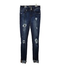 Indigo Rein Womens Dark Distressed Ripped Torn Stretch Rolled Hem Skinny Jeans 0