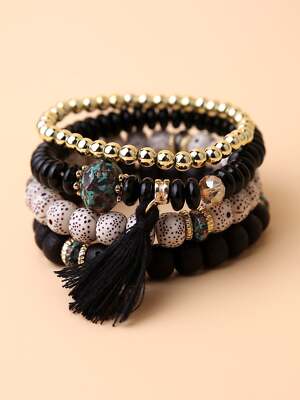 4pcs Tassel Charm Black Gold Color Beaded Bracelet Women Bracelet Stackable