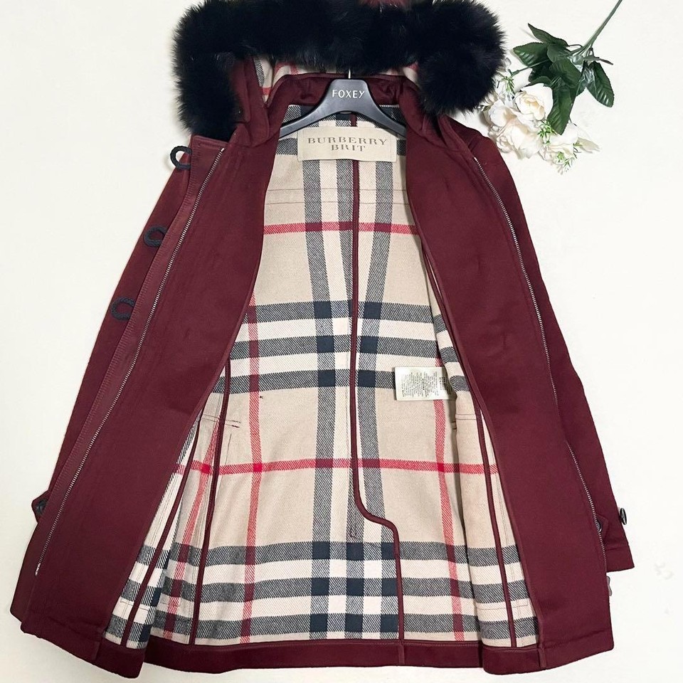 BURBERRY BRIT 2way Duffle coat fox fur nova check bordeaux size40 wool