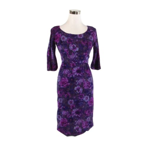 Dark purple floral print 3/4 sleeve vintage sheath dress XS