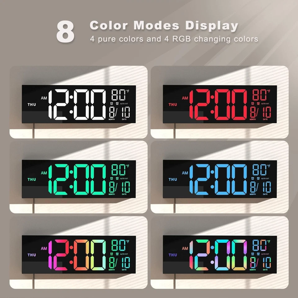 Digital Wall Clock Large 16" with Timer, Remote, RGB LED, Temp & Alarm - Image 3 of 4