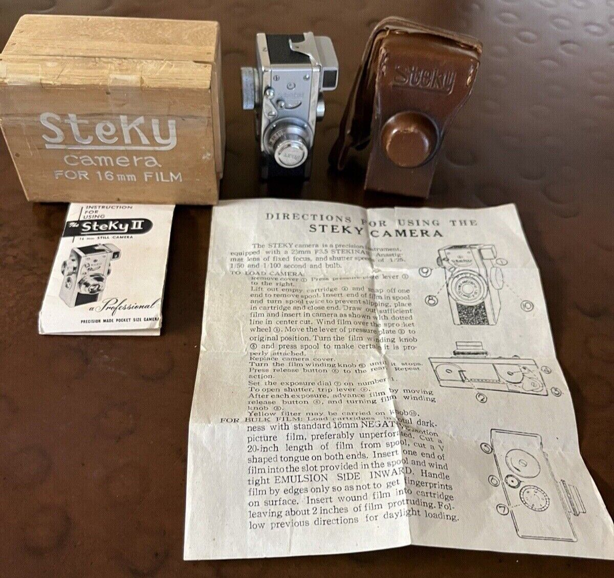Steky Model II 16mm Pocket Size Camera: camera, leather case Steky Model II 16mm Pocket Size Camera: camera, leather case