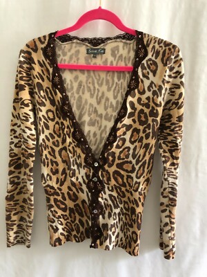 SERENA KAY LEOPARD PRINT W/BEADS BUTTON DOWN SWEATER L/S - SIZE S