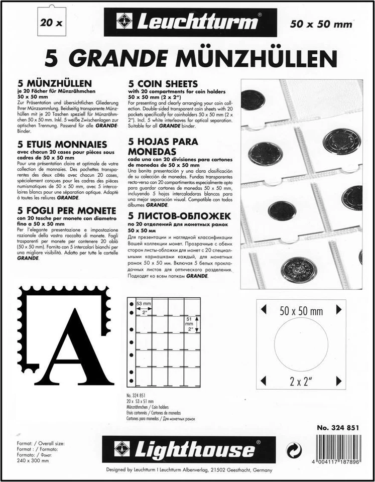 Leuchtturm Grande DIN A4 Münzhüllen f. je 20 Münzrähmchen 50x50 5er-Pack 324851