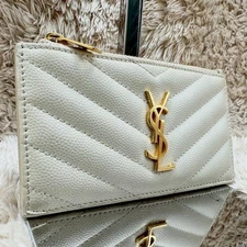 Saint Laurent YSL Fragment Case Caviar Leather V Stitch Gold Hardware White Auth