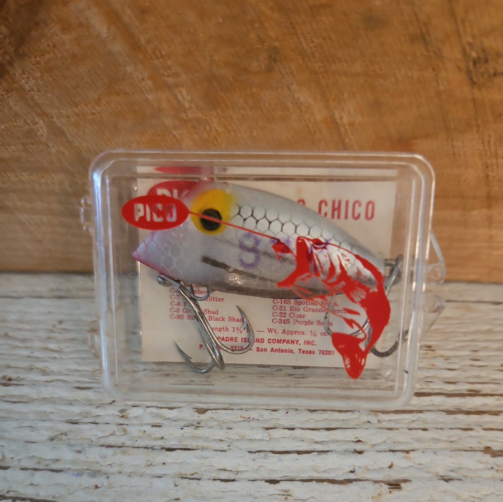 Vtg UNFISHED TEXAS LURE, Padre Island Co "PICO CHICO" #C-16. Barfish color Lure.