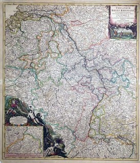 Copperplate engraving war map course of the Rhine J.B. Homann 1702 Landau Palatinate