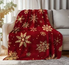 Red & Golden Christmas Festive Snowflake Design Flannel Throw Blanket 150*200cm
