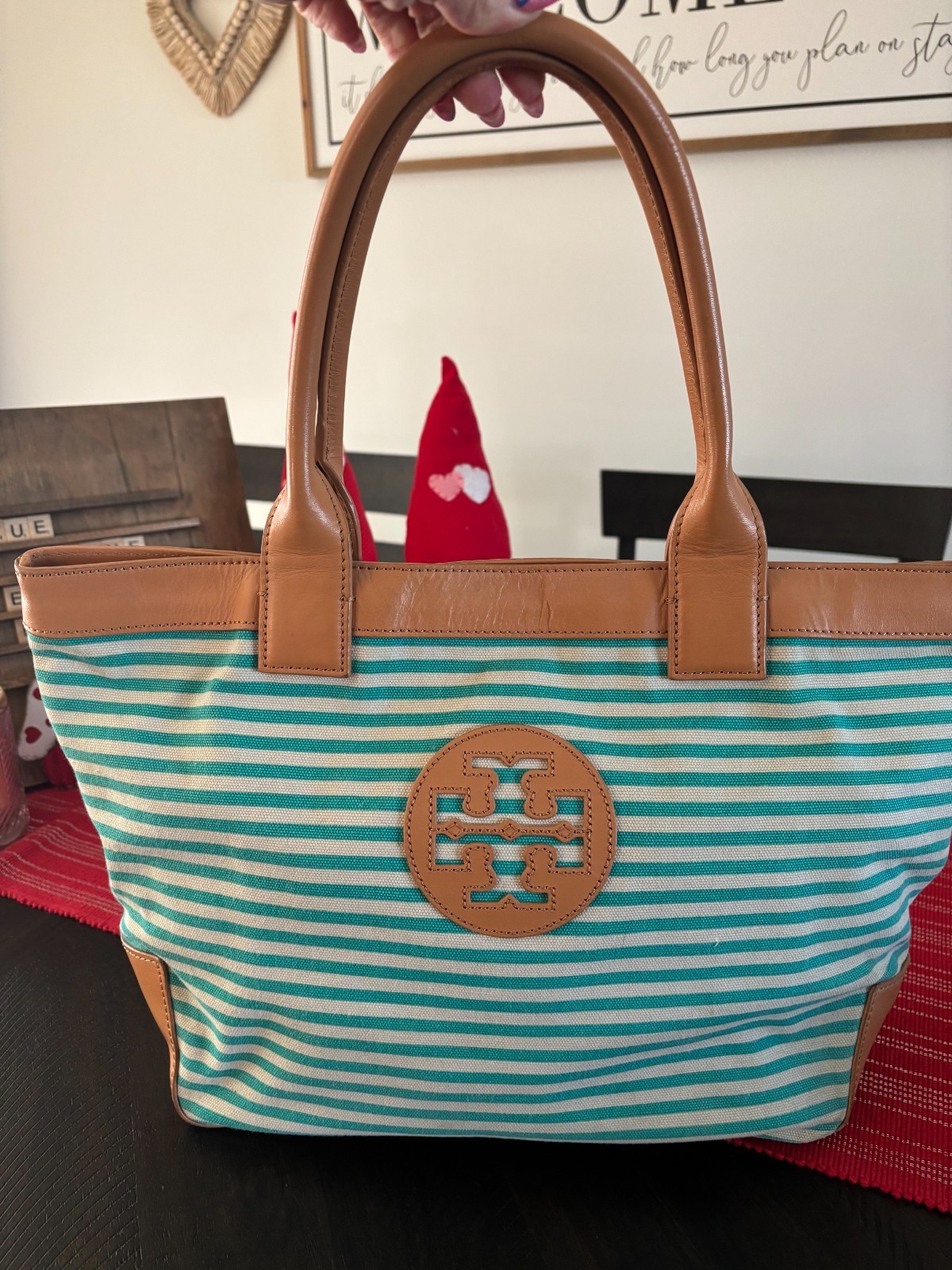 Tory Burch Striped Canvas Zippered Handbag w/Leather Trim